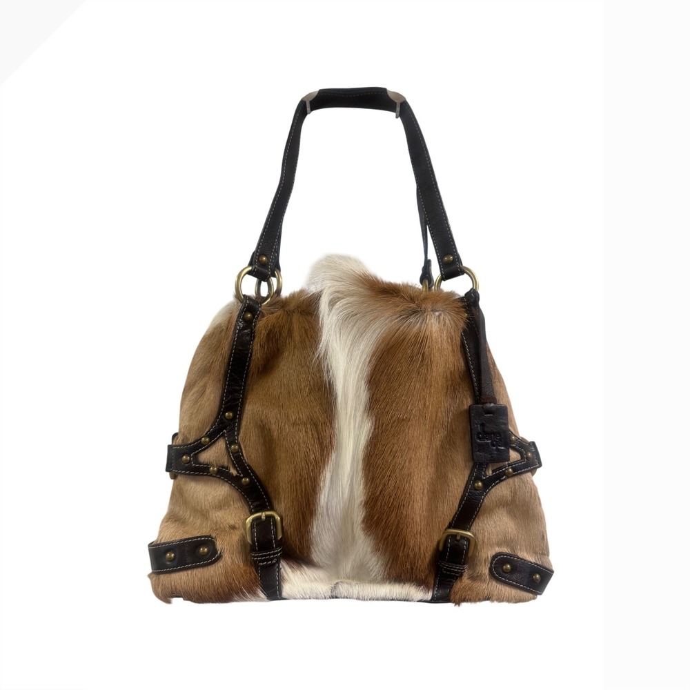 Diane Gail Genuine Cowhide Leather Studded Western Hobo Shoulder Bag Brown White